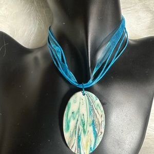 Handmade Aqua Blue and White Necklace Polymer Clay